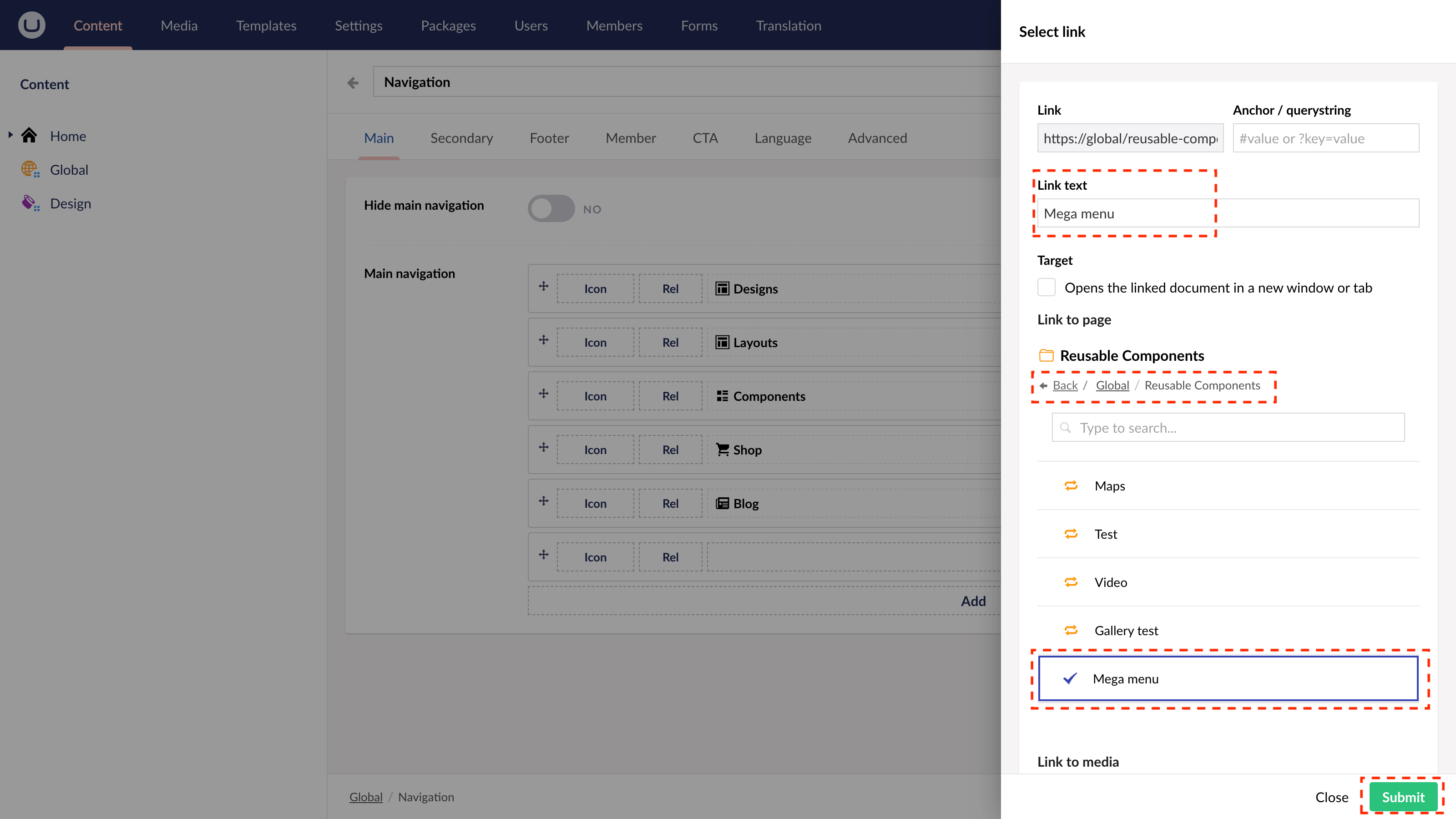 Name Mega Menu link in uSkinned for Umbraco.