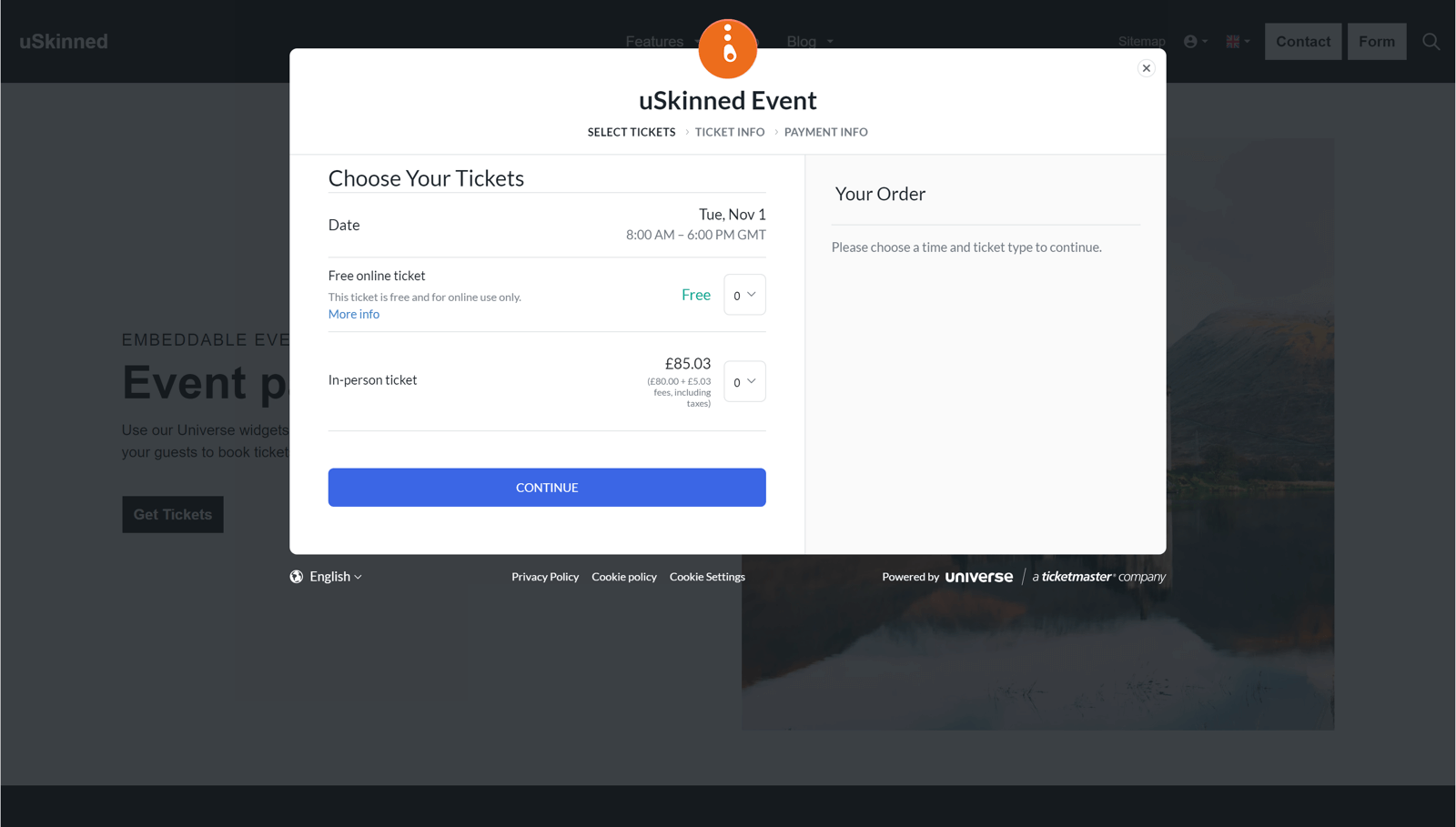 Universe embed overlay on uSkinned for Umbraco website.