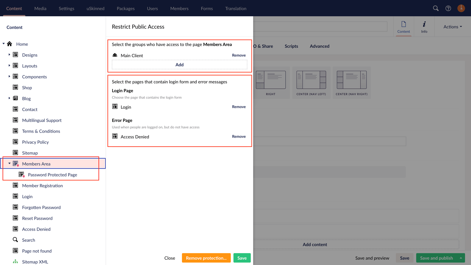 Restrict public access to content in uSkinned for Umbraco.
