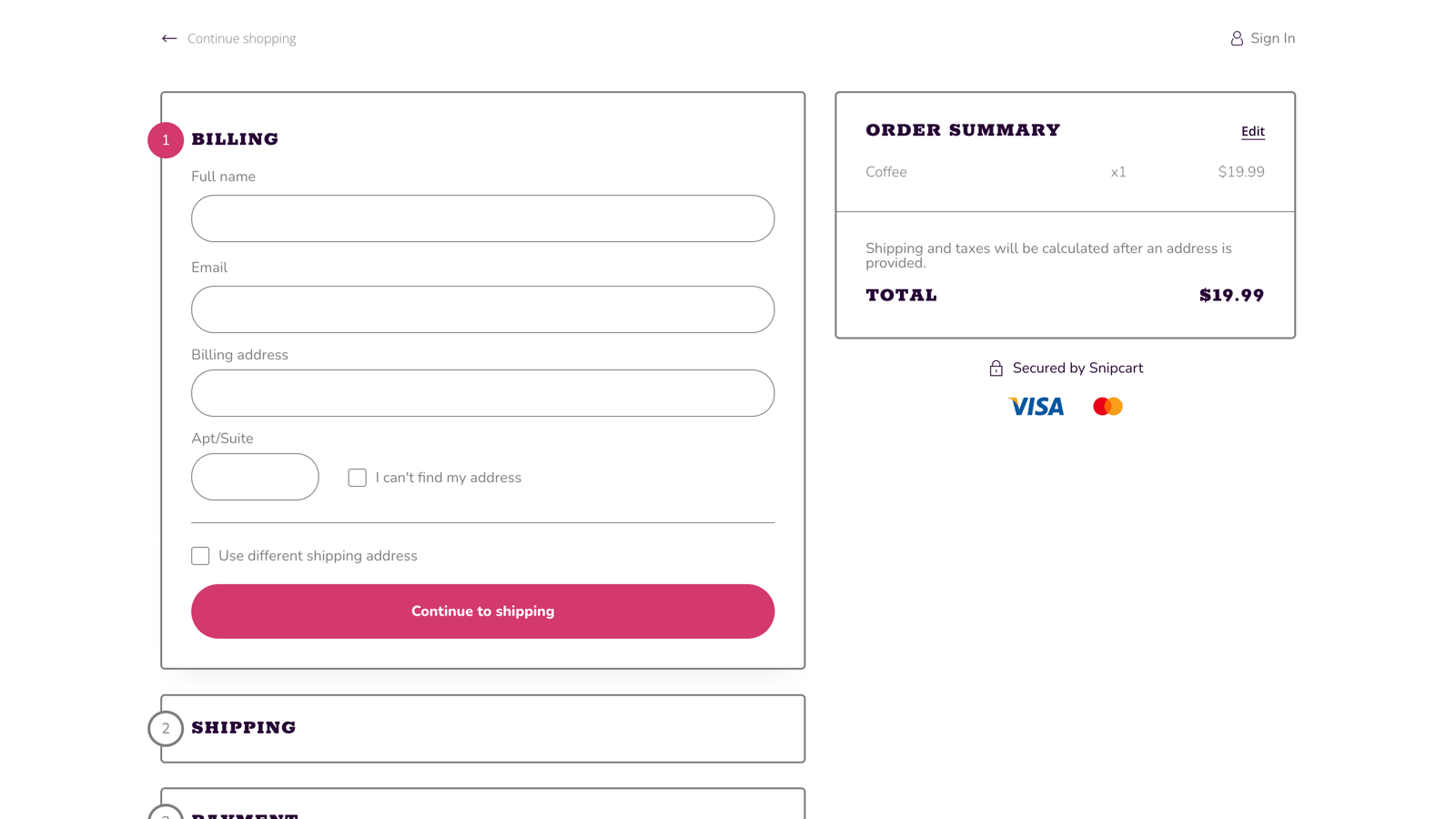 Continue Snipcart checkout pages to complete order. Using Hoy pro theme design for Umbraco.