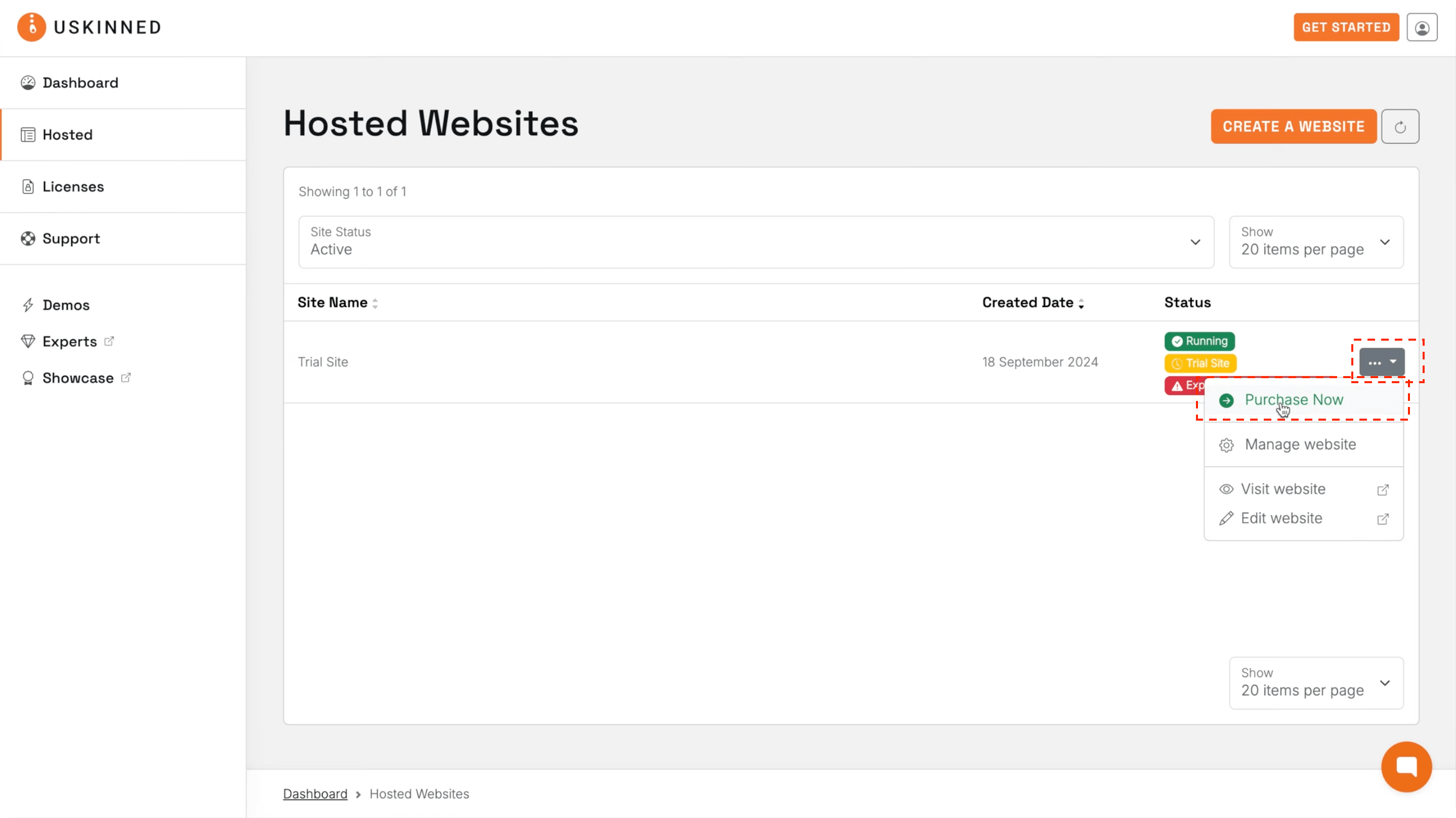 Upgrade a uSkinned hosted trial to a paid subscription with actions menu.