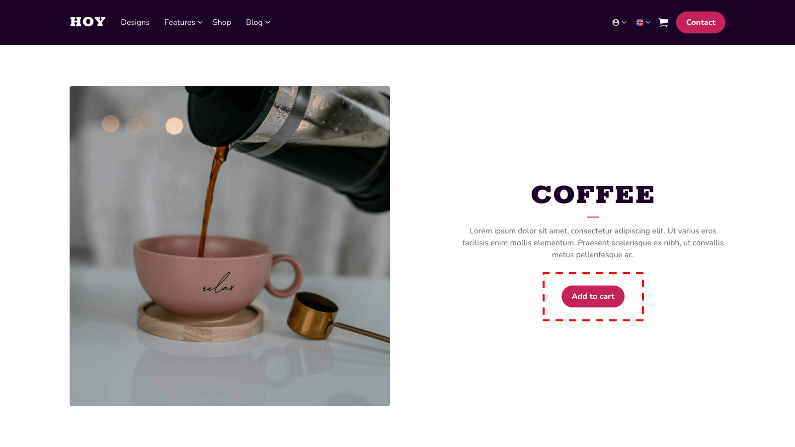 Snipcart product shown in uSkinned website. Using Hoy theme design.