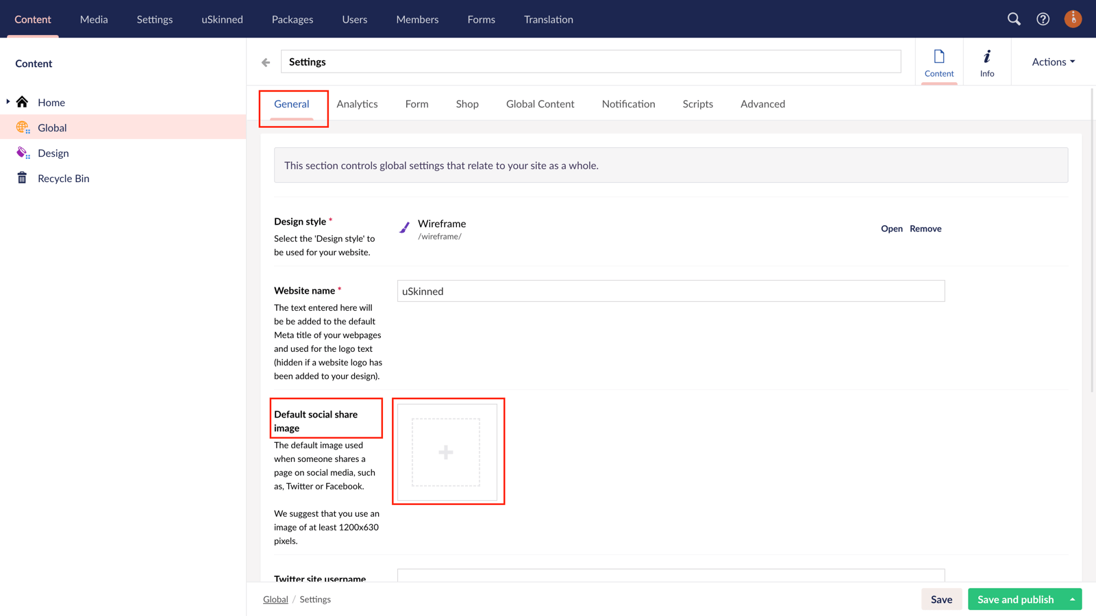 Default global social sharing image in uSkinned for Umbraco.