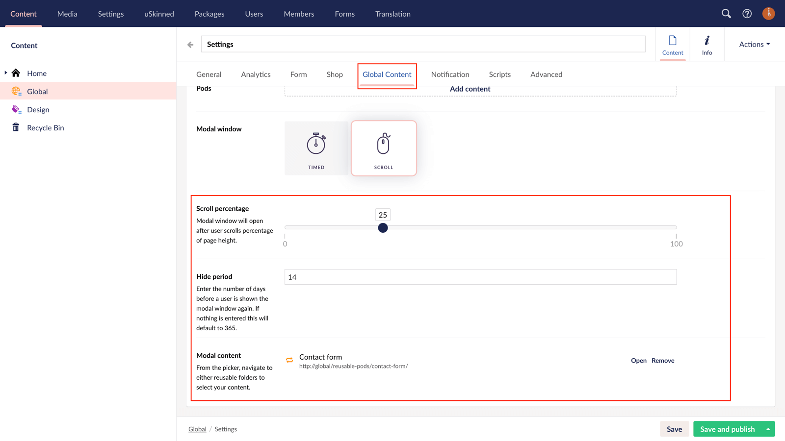 Scrolled or timed modal content with uSkinned for Umbraco.