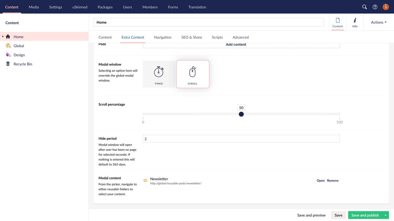 Page level modal content triggered by scrolling distance.