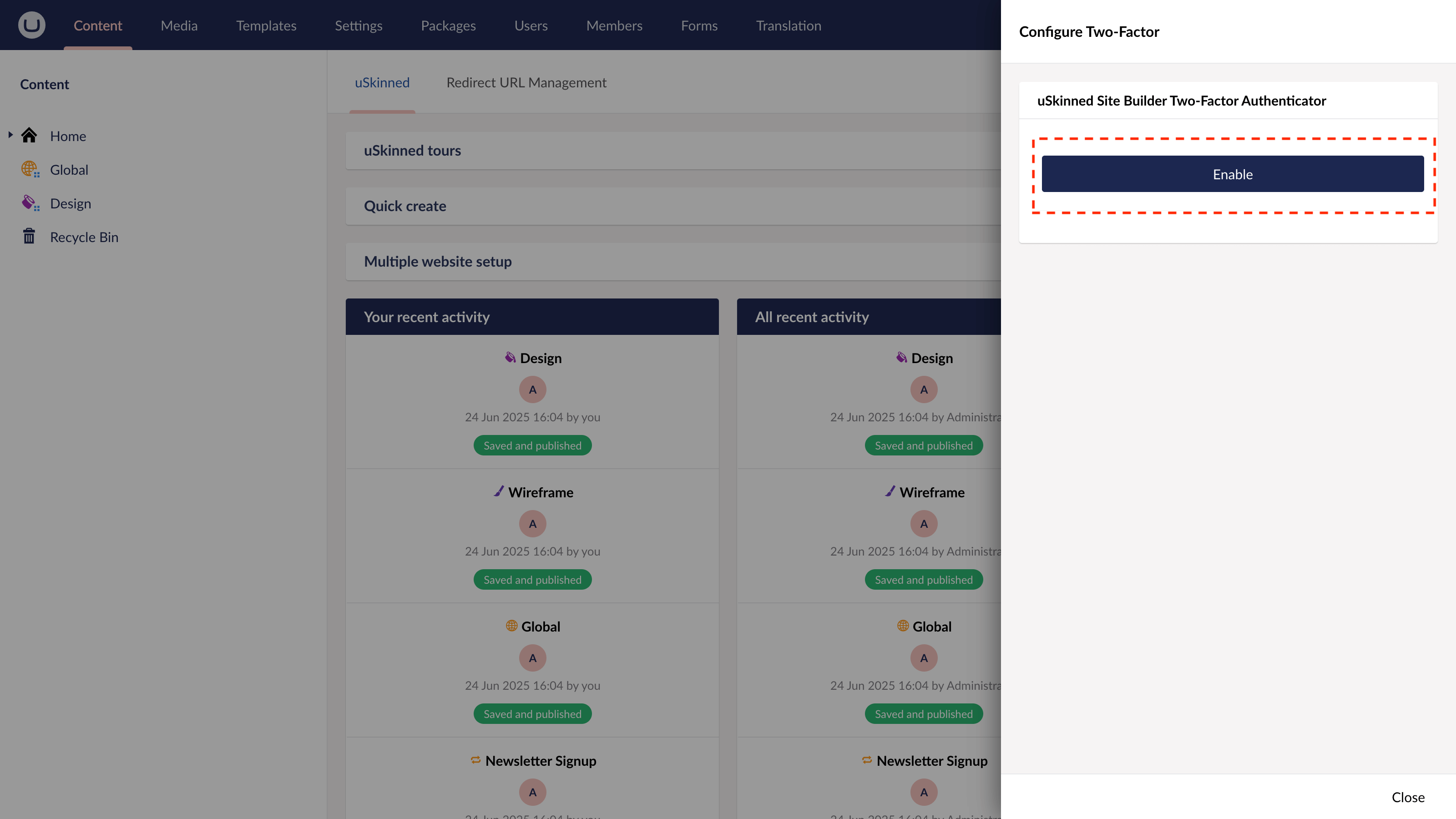 Enable two-factor authentication in uSkinned for Umbraco CMS.