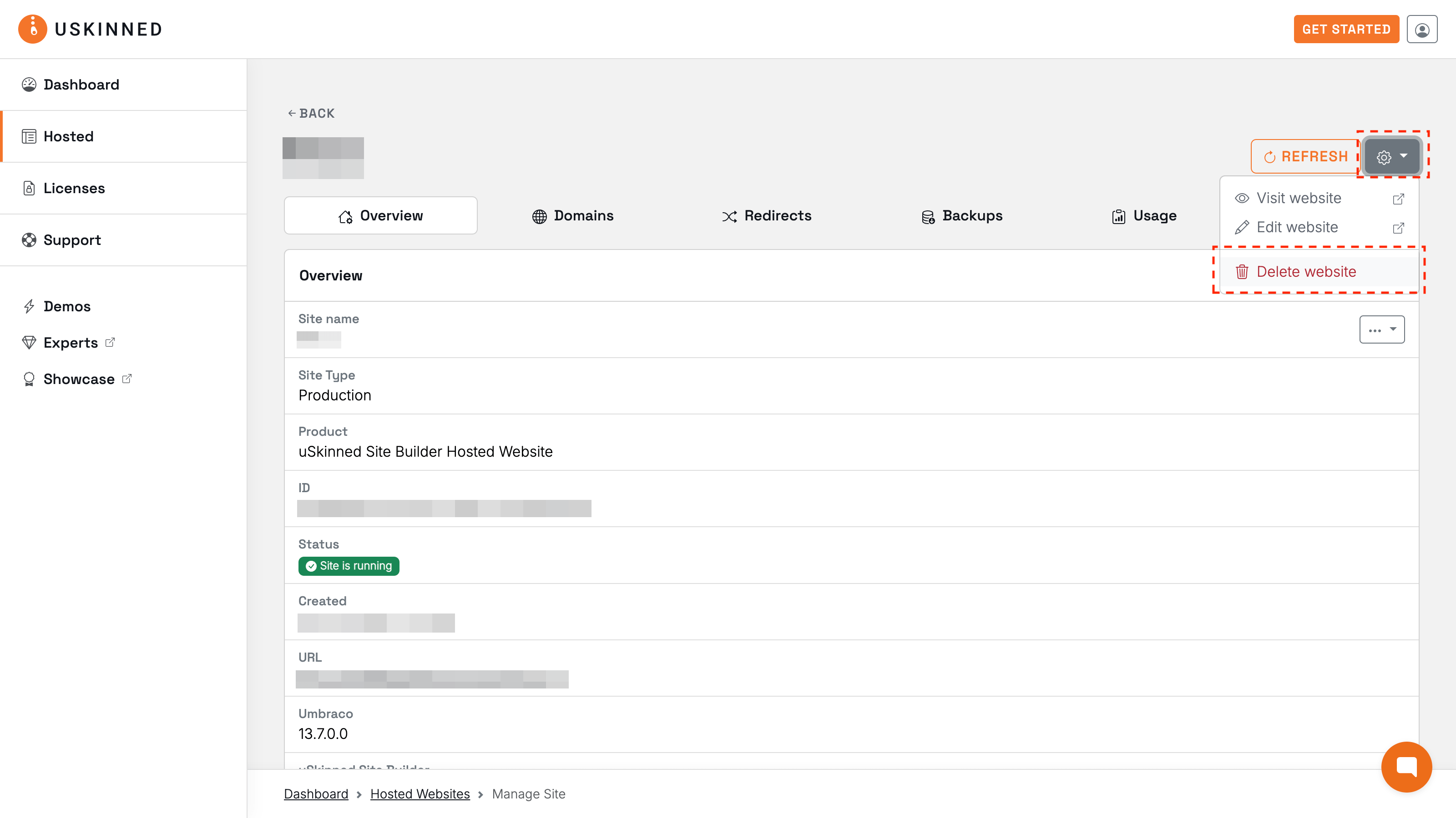 Delete a uSkinned Hosted website.