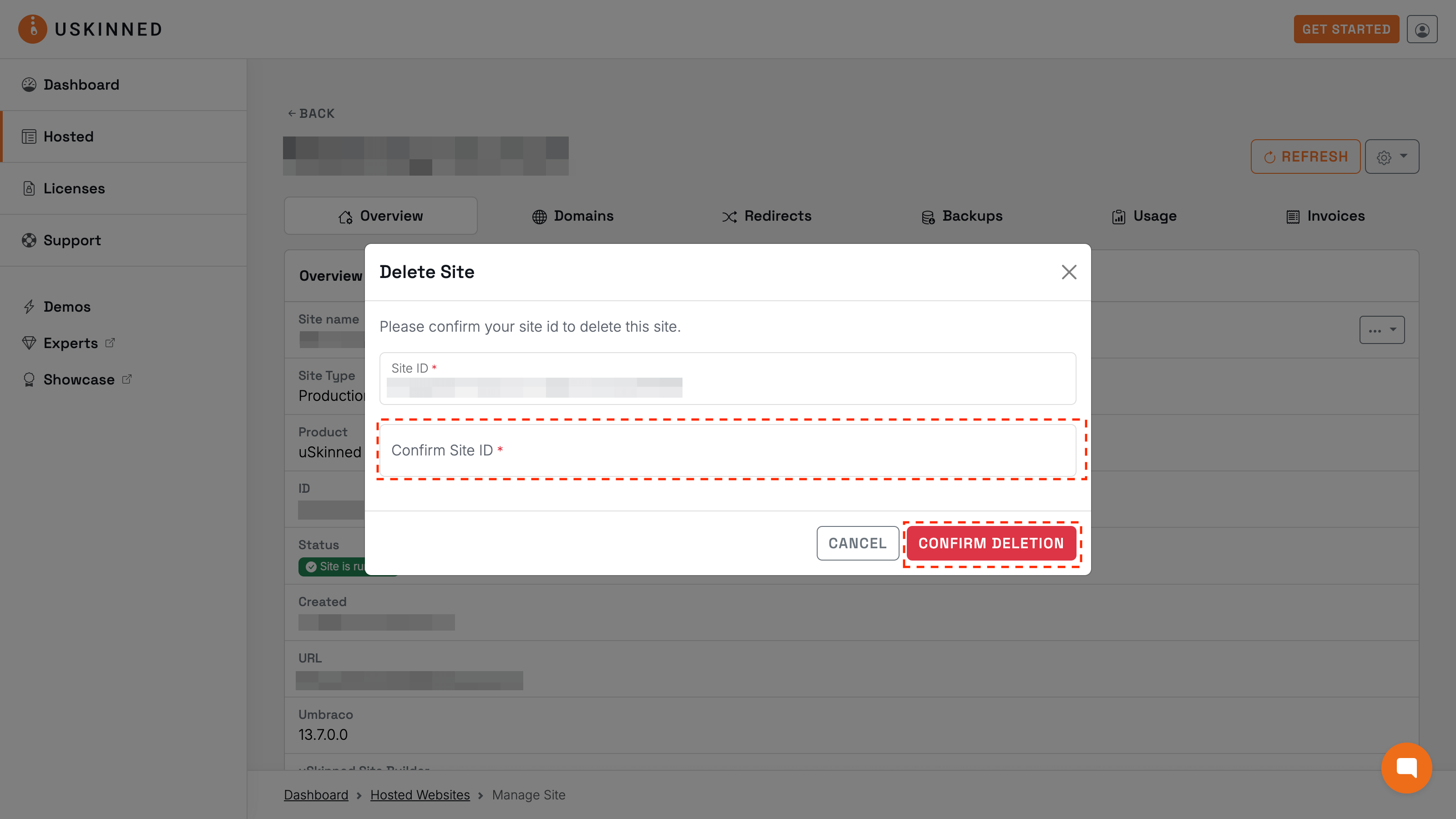 Confirm deletion of the website.