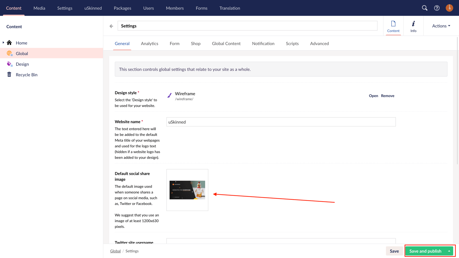 Social sharing image assigned in uSkinned for Umbraco.