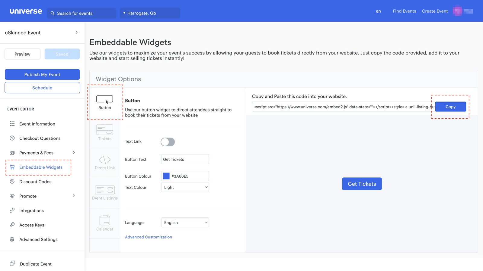 Embed event button from Universe into uSkinned for Umbraco website.
