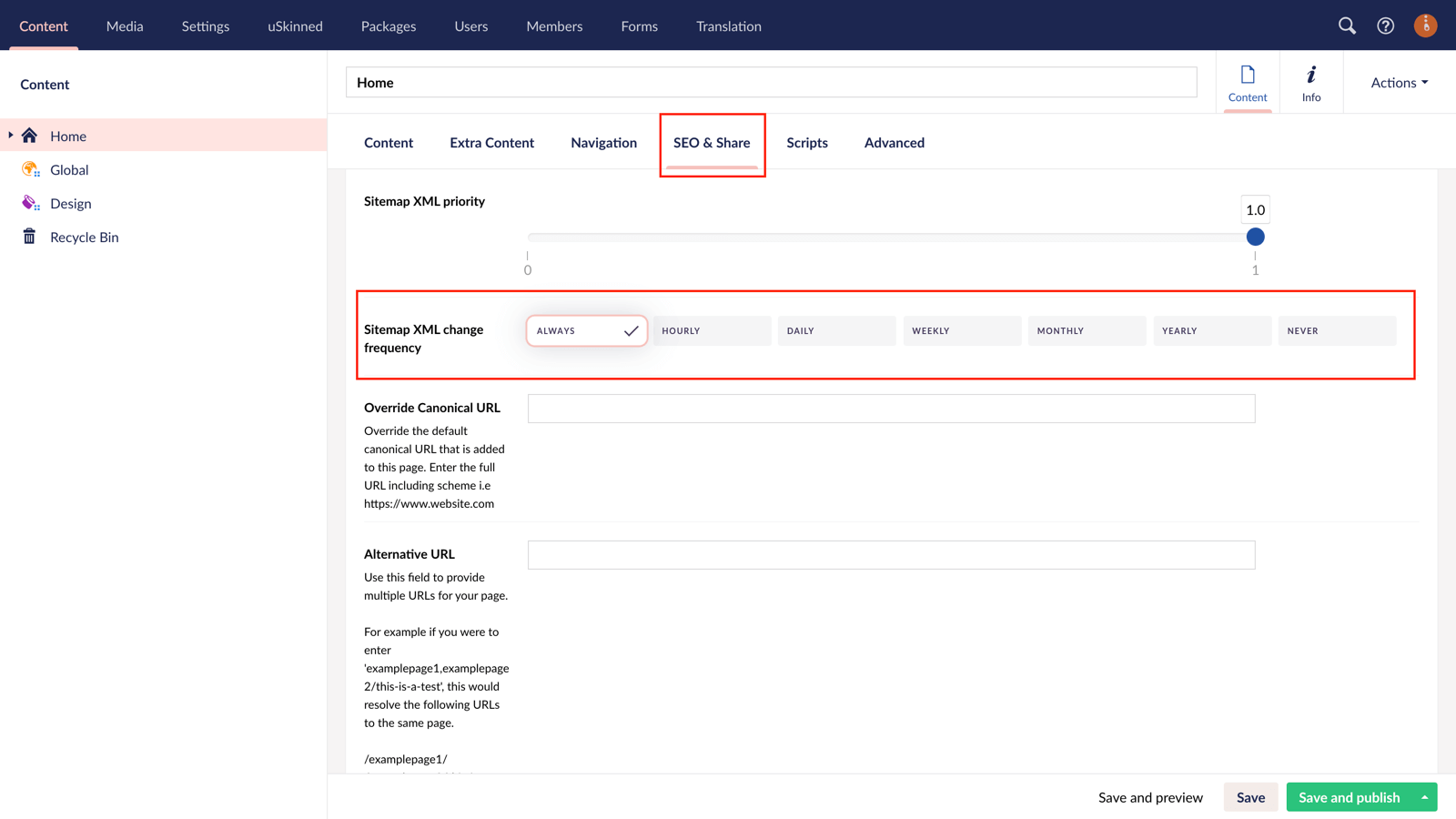 Sitemap XML change frequency in Umbraco CMS and uSkinned.