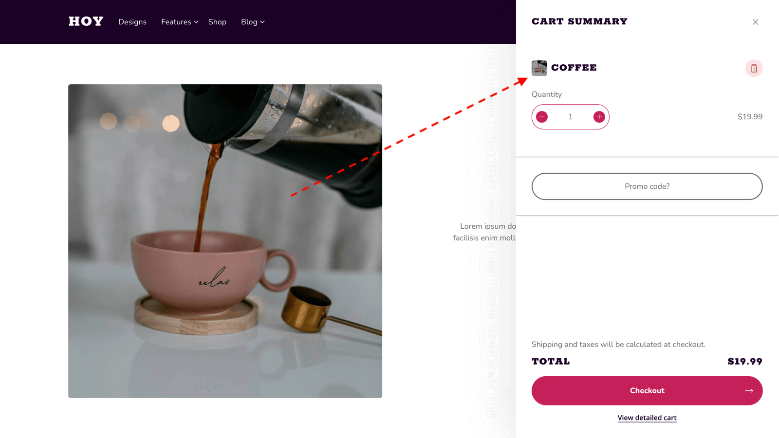 Snipcart mini checkout slide out in uSkinned for Umbraco. Using Hoy pro theme design.