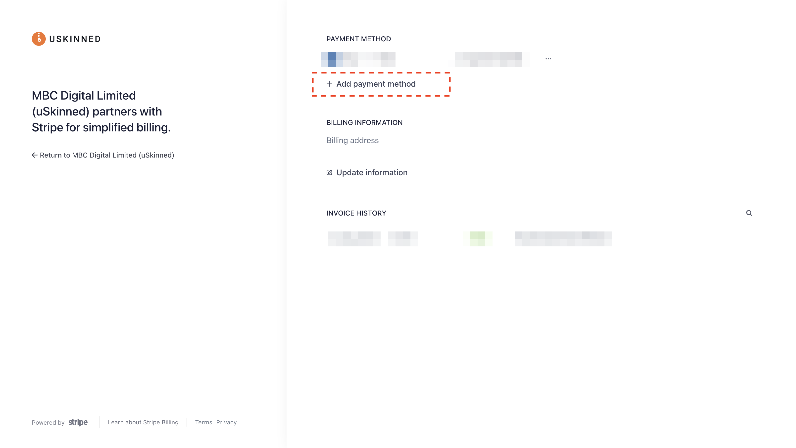 Add a new payment method in uSkinned.