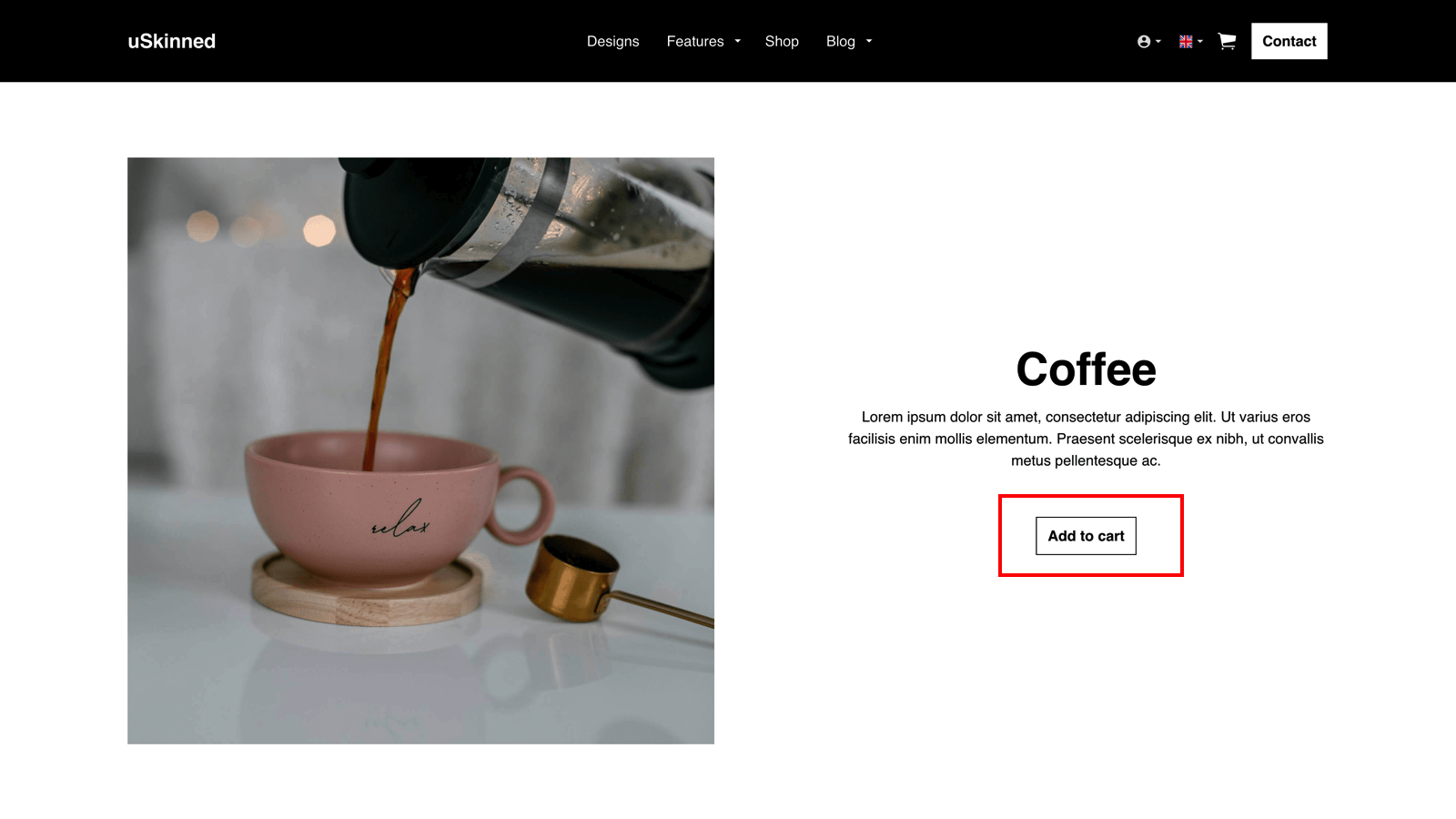 Snipcart product shown in uSkinned website. Using Wireframe theme design.