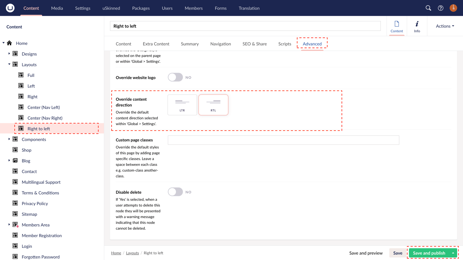Page only Right to Left support with uSkinned for Umbraco CMS.