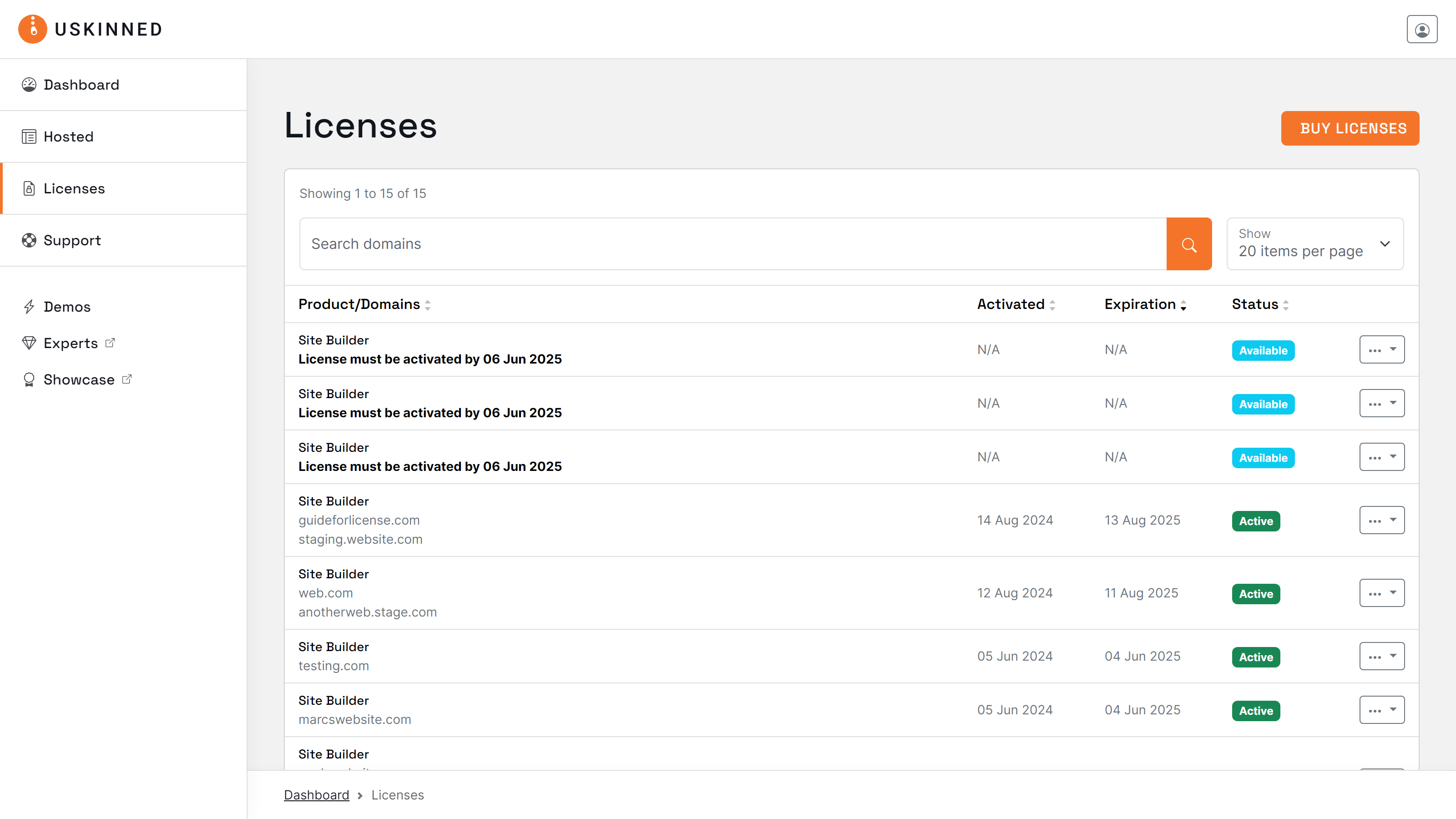 uSkinned customer portal license management.