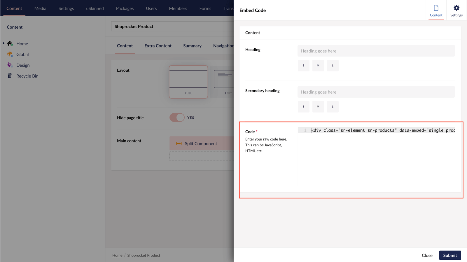 Paste Shoprocket code into Umbraco.
