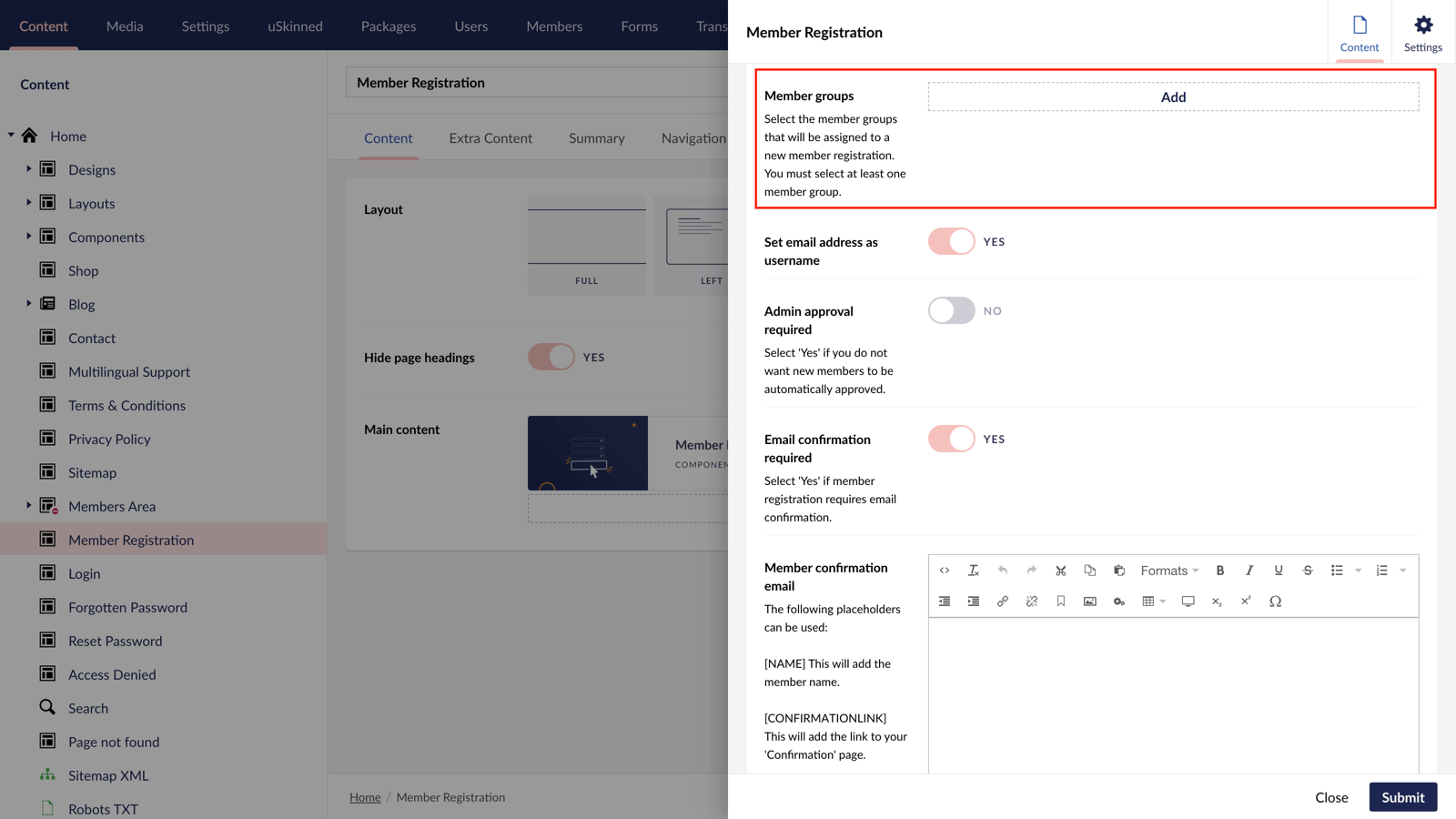 Choose member groups when creating registration form in Umbraco.