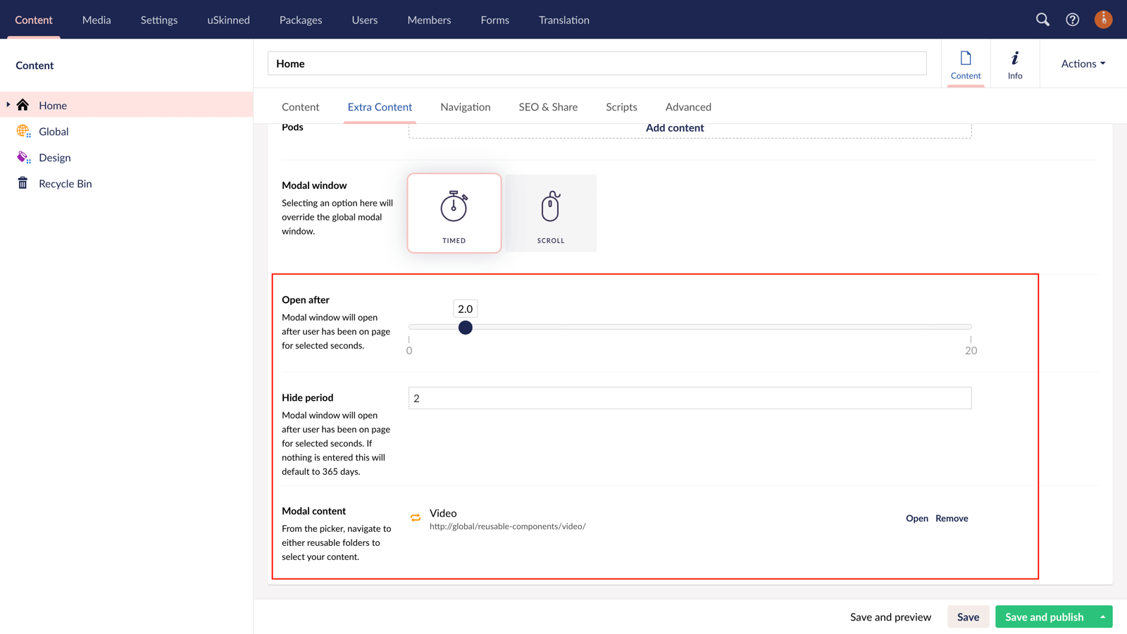 Add timed or scrolled Modal content to pages and blog posts with uSkinned for Umbraco.