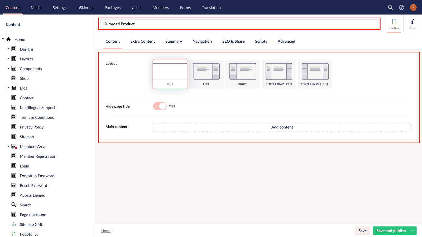 Create a product page in Umbraco CMS.