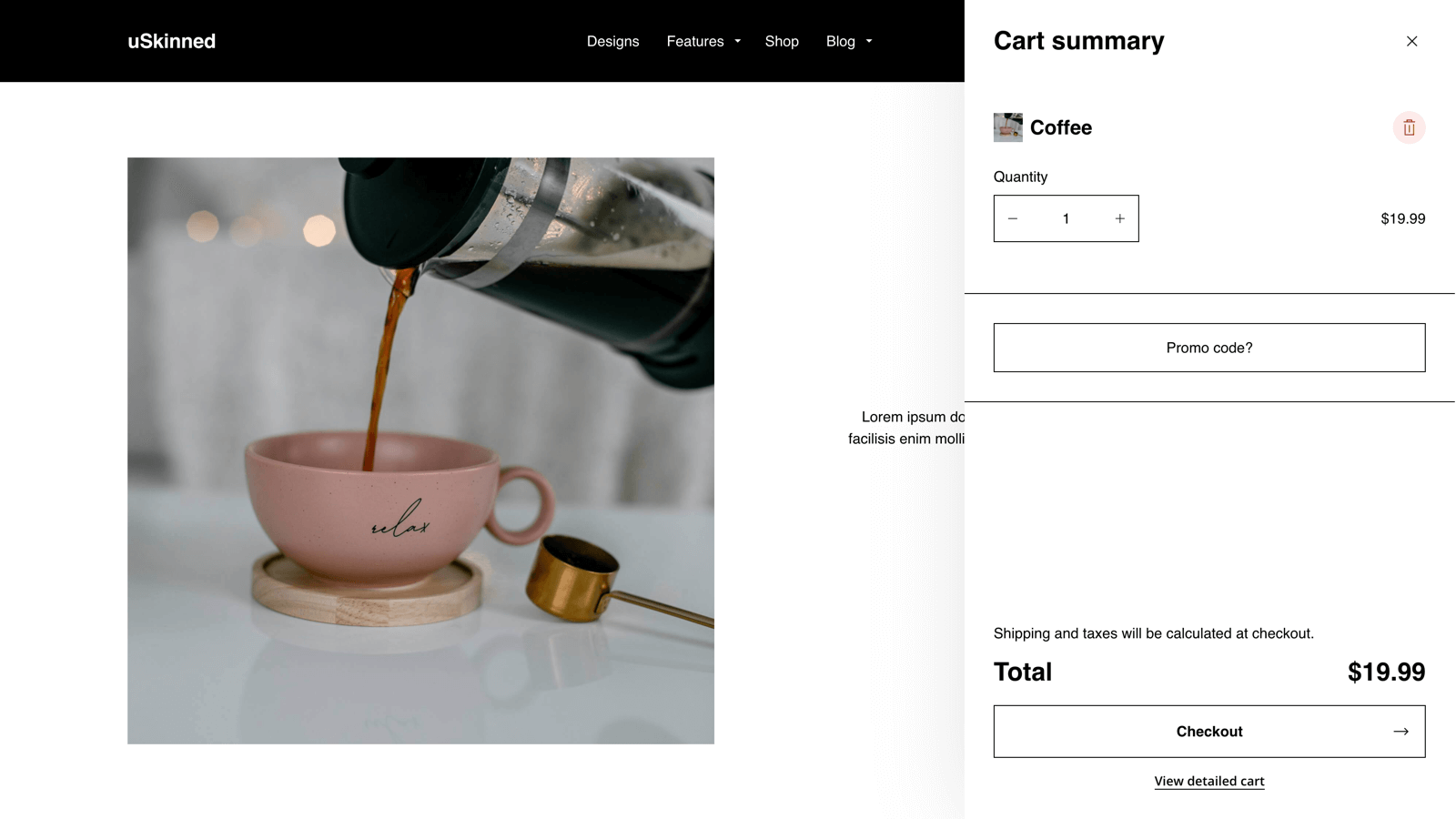 Snipcart mini checkout slide out in uSkinned for Umbraco. Using Wireframe theme design.