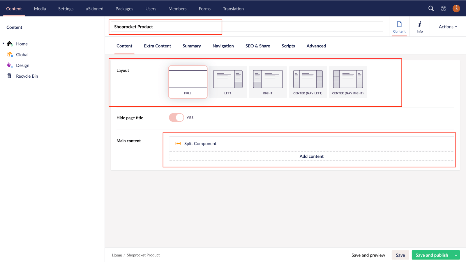 Page layout options for Shoprocket using uSkinned for Umbraco.