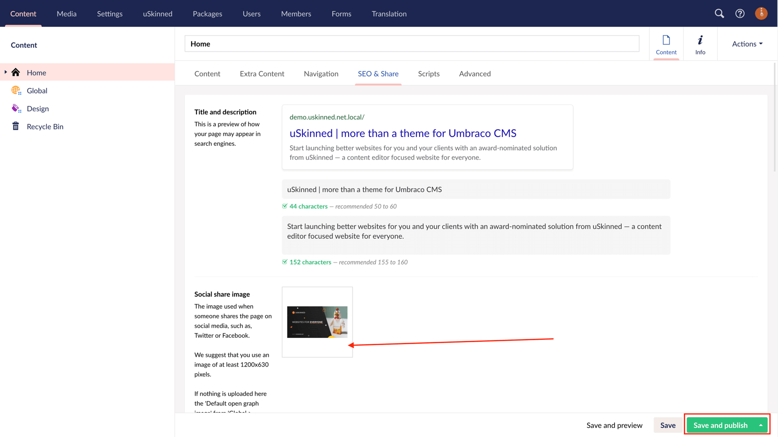 Unique social sharing image for every page in uSkinned for Umbraco.