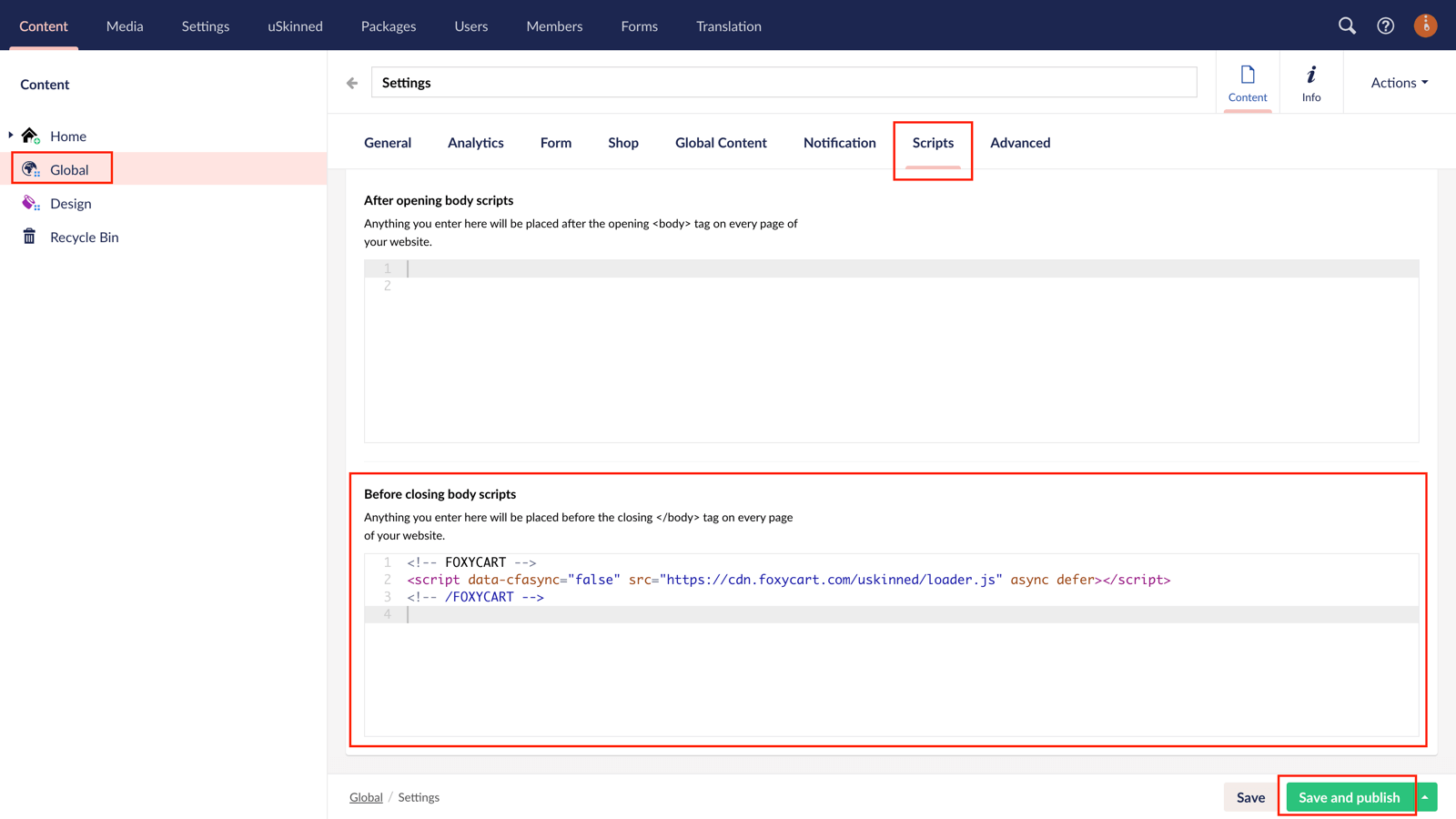 Foxy.io script added to the global level of uSkinned website.