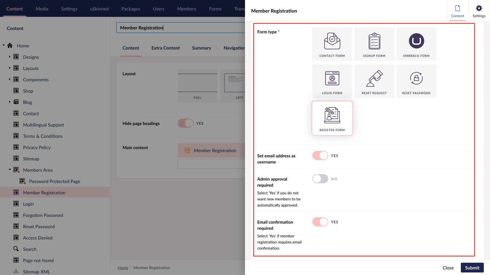 Member registration form options in uSkinned for Umbraco.