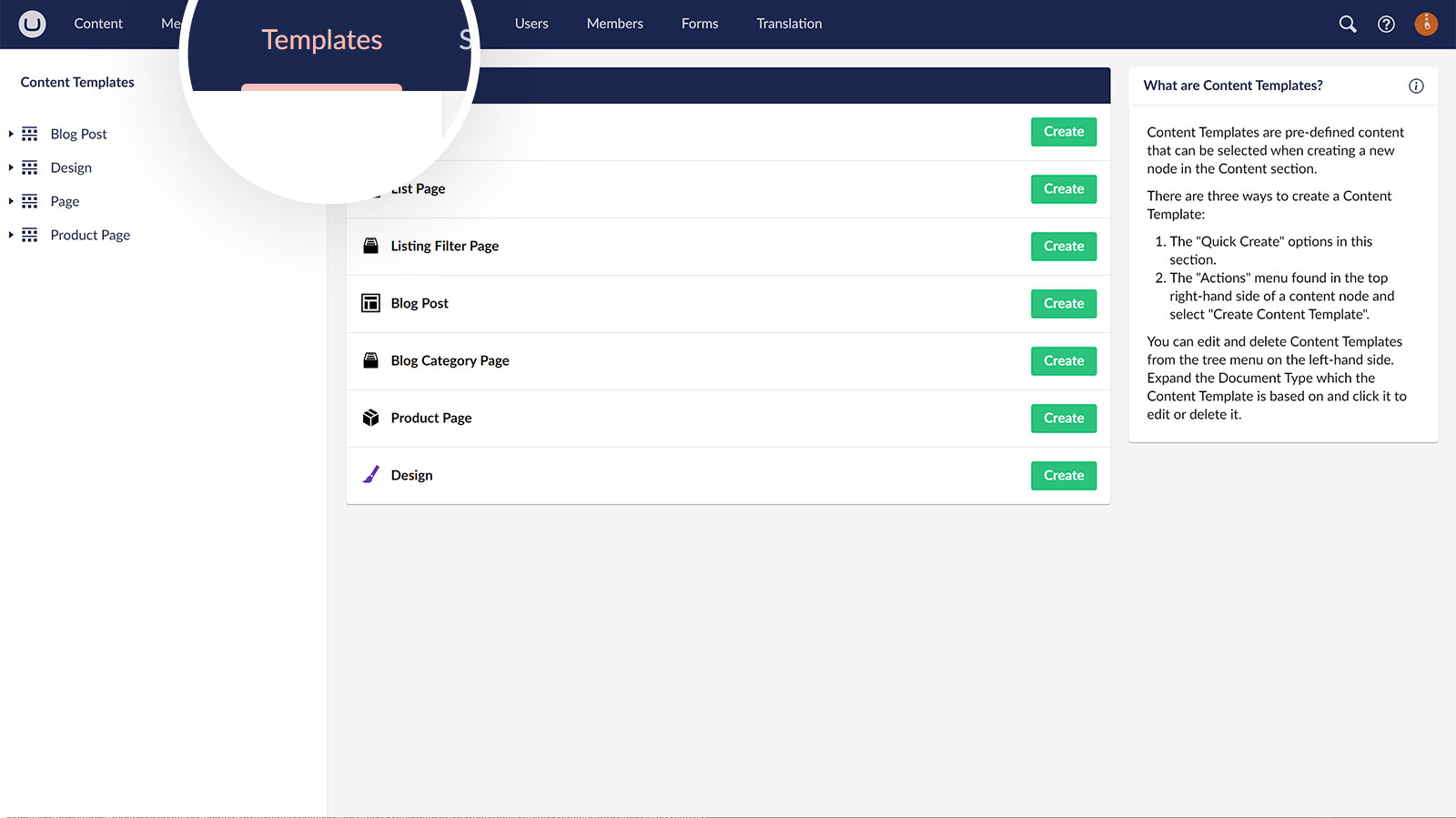 Content Templates section in uSkinned for Umbraco.
