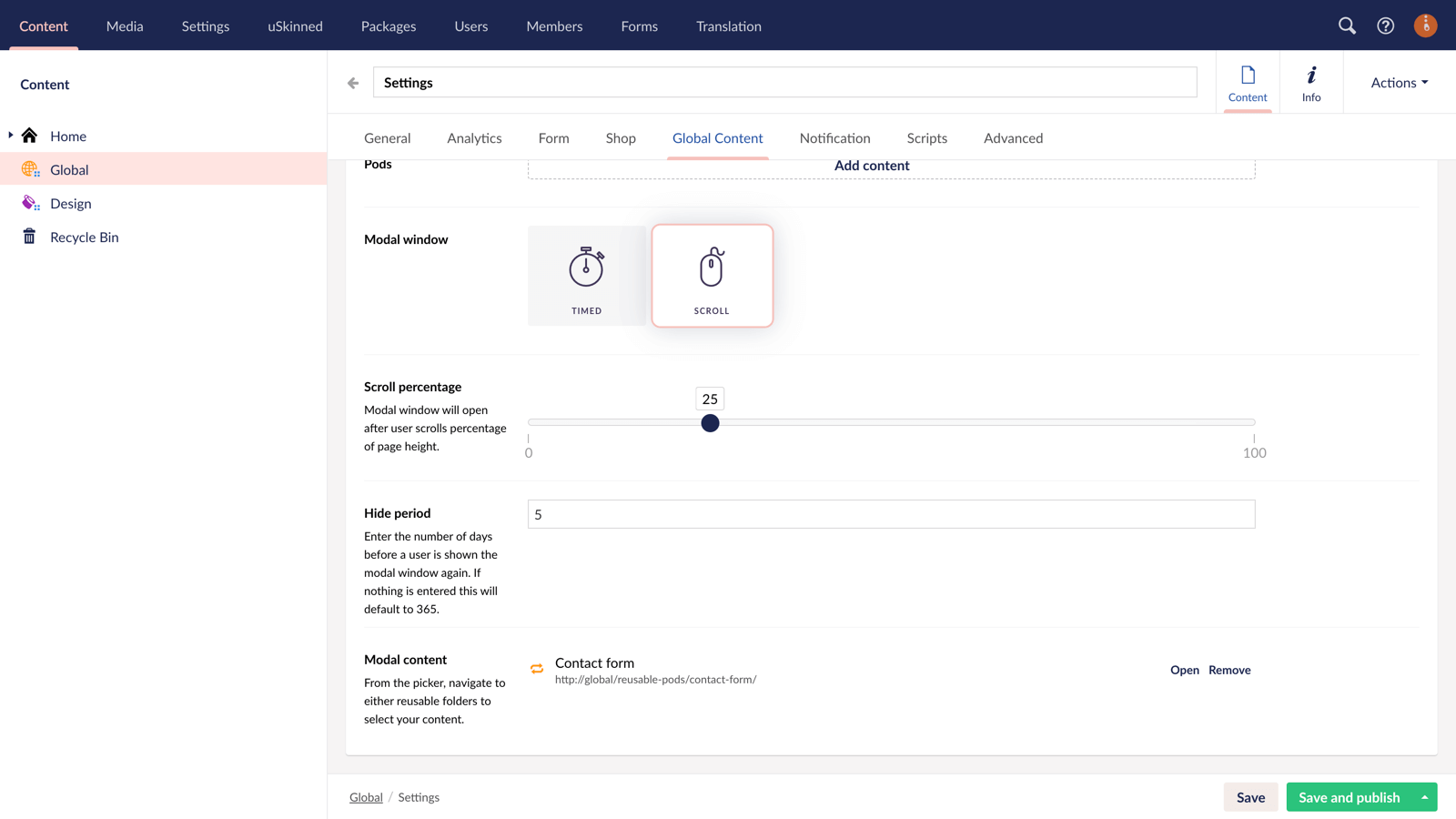 Global modal content triggered by scrolling distance.