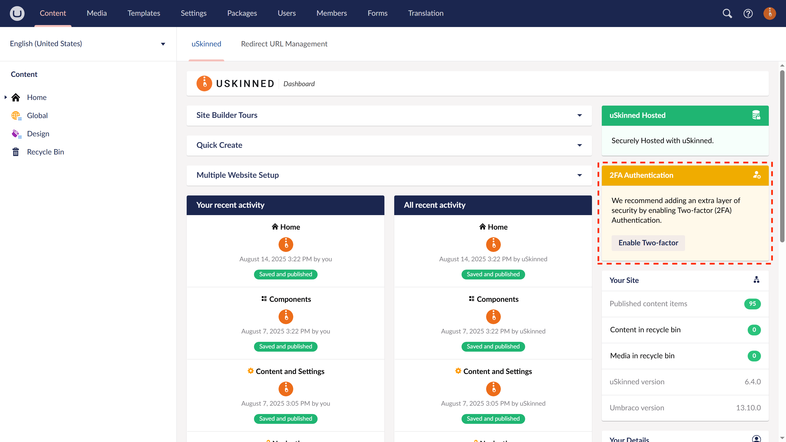 Enable 2FA in Umbraco from the uSkinned Dashboard.