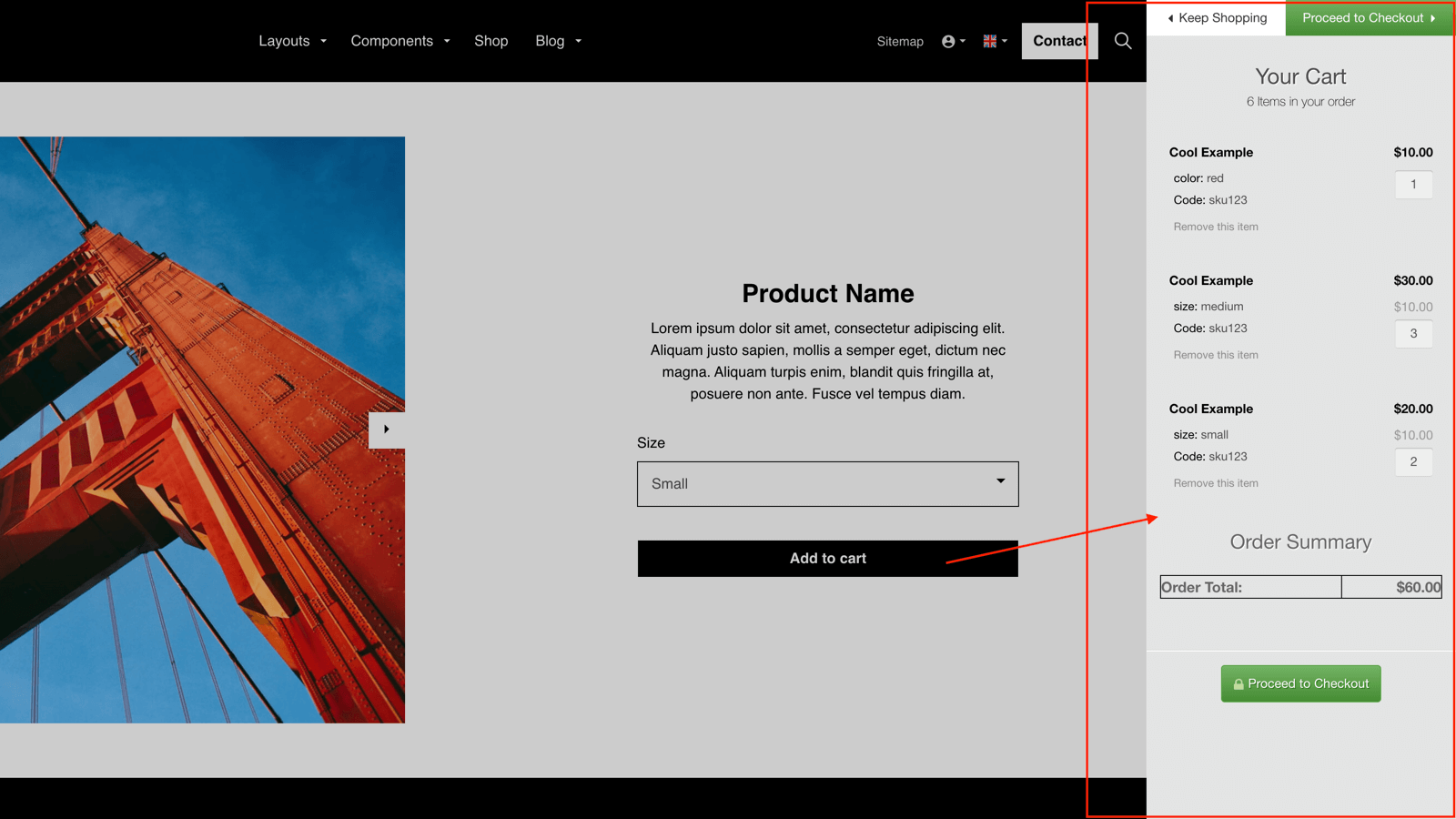 FoxyCart form with product option add to cart opens Shopping Cart.