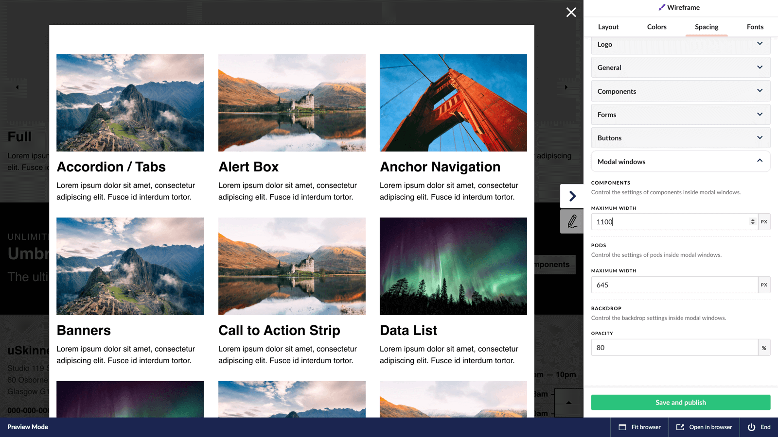 Design settings lightwindows and modals in Umbraco.