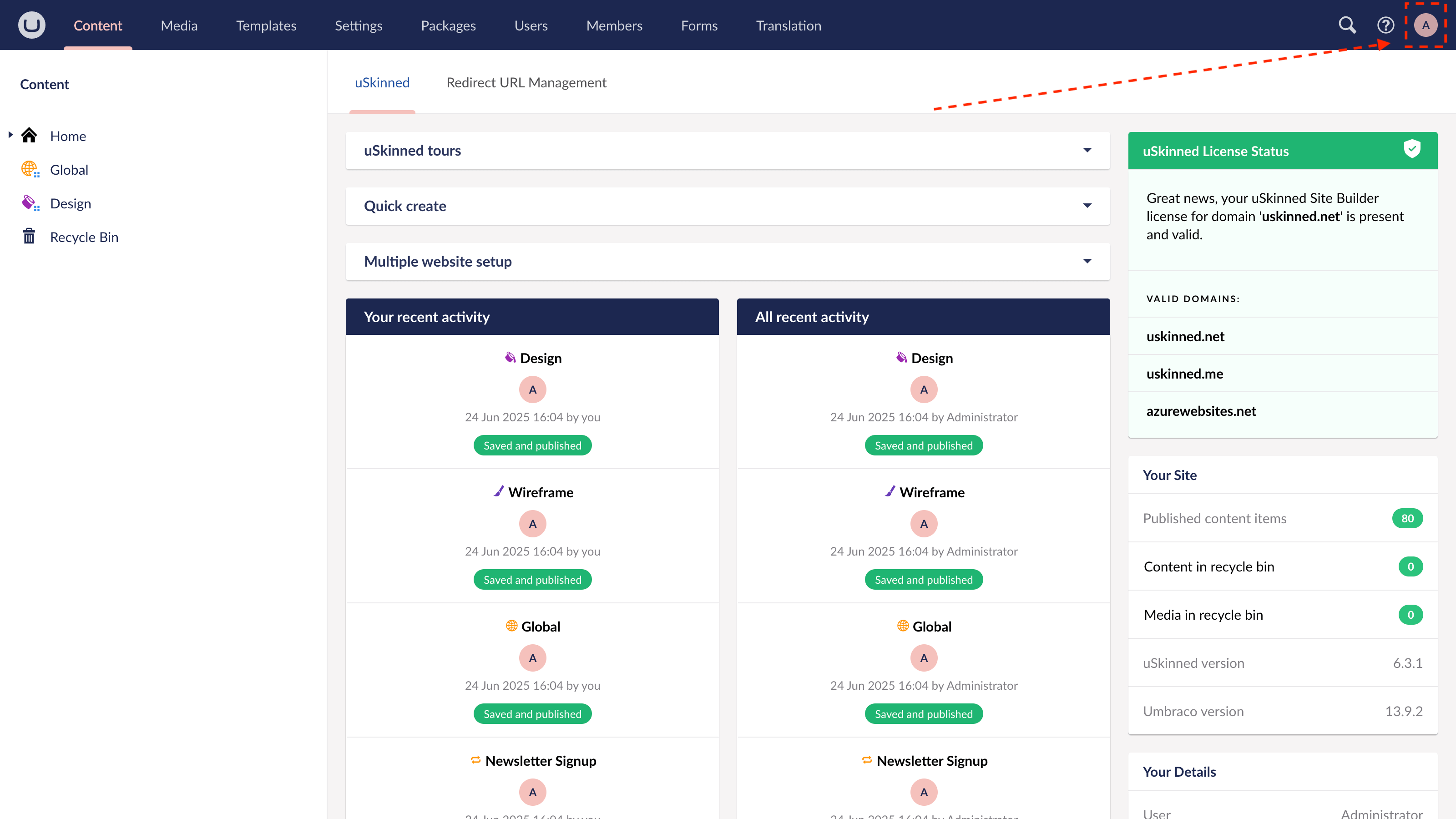 Edit your user profile in uSkinned for Umbraco CMS.