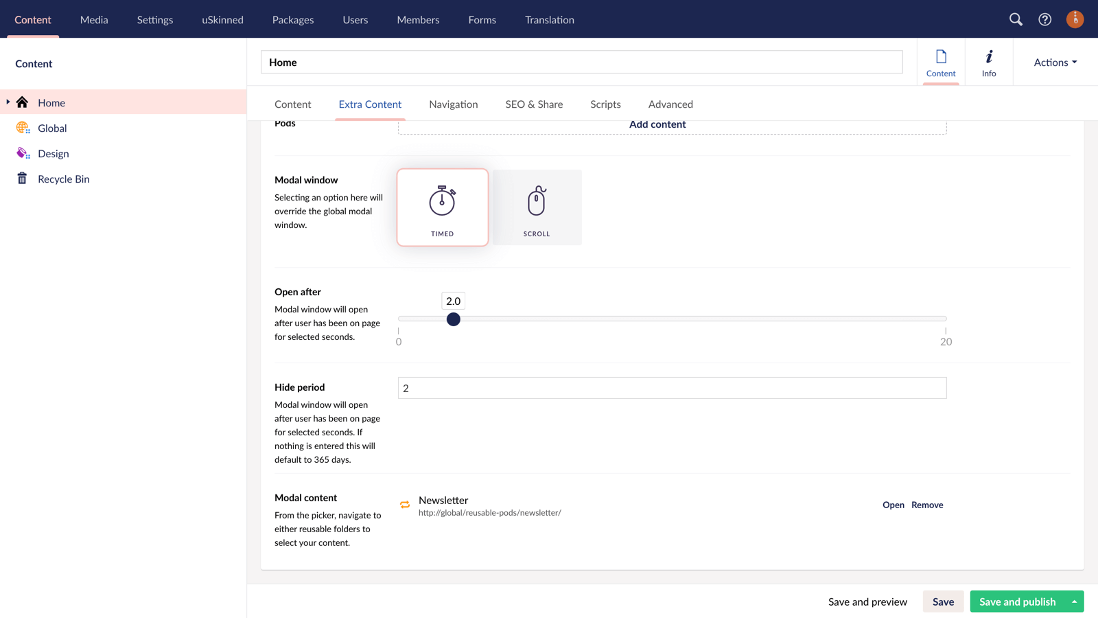 Page level modal content triggered by time spent on website.
