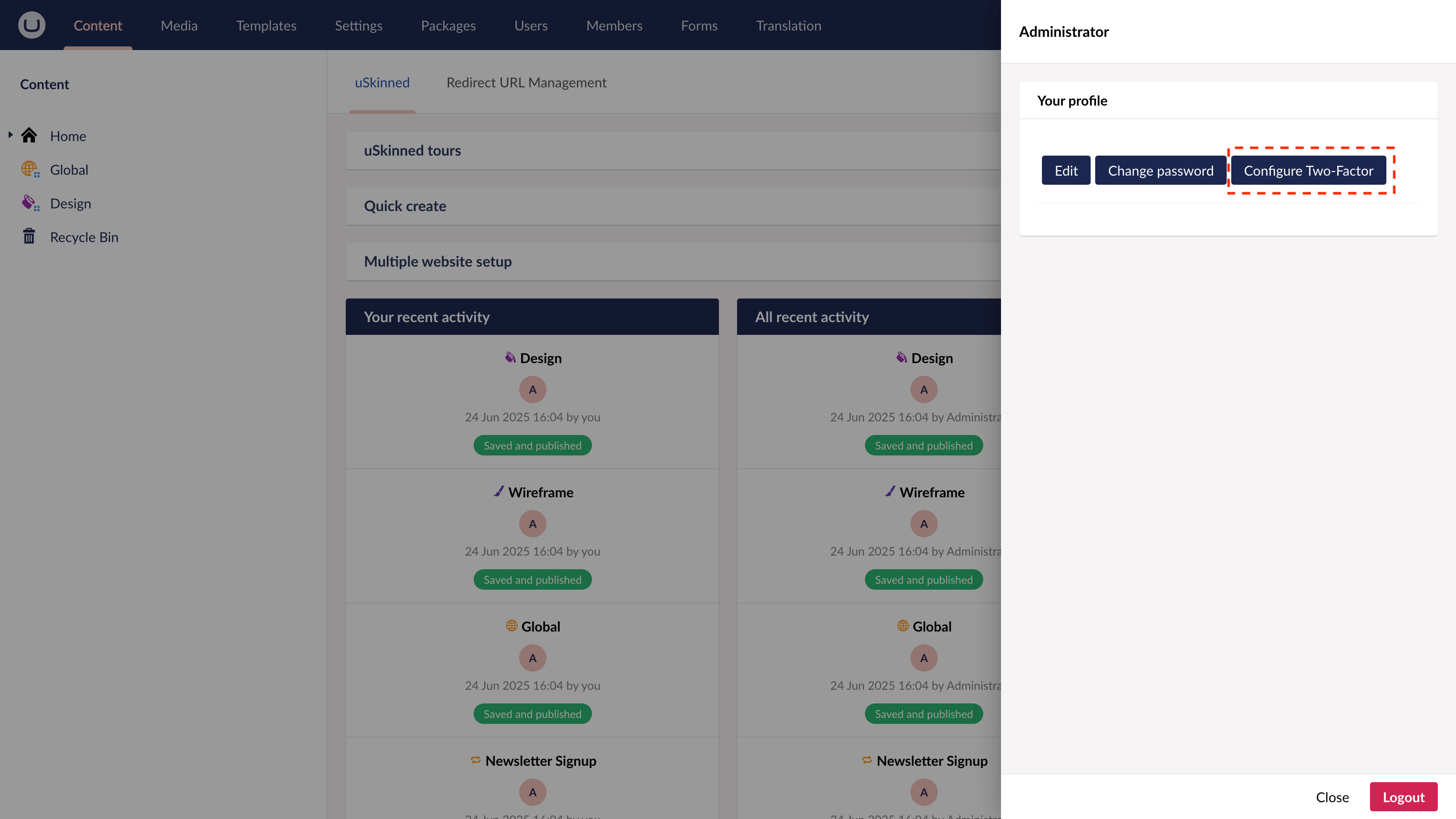 Configure two-factor authentication in uSkinned for Umbraco CMS.