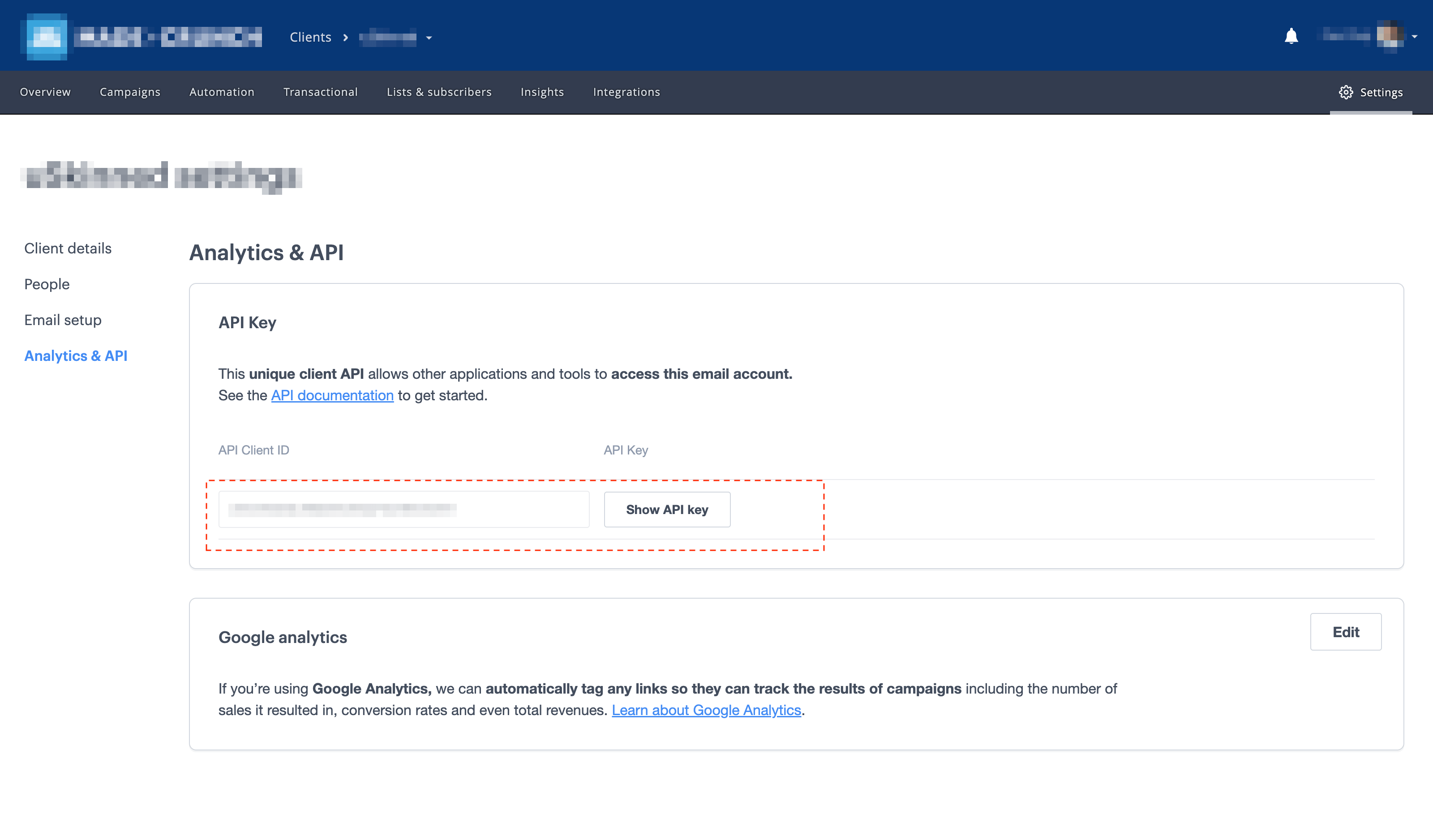 Copy your Client API Key from Campaign Monitor.