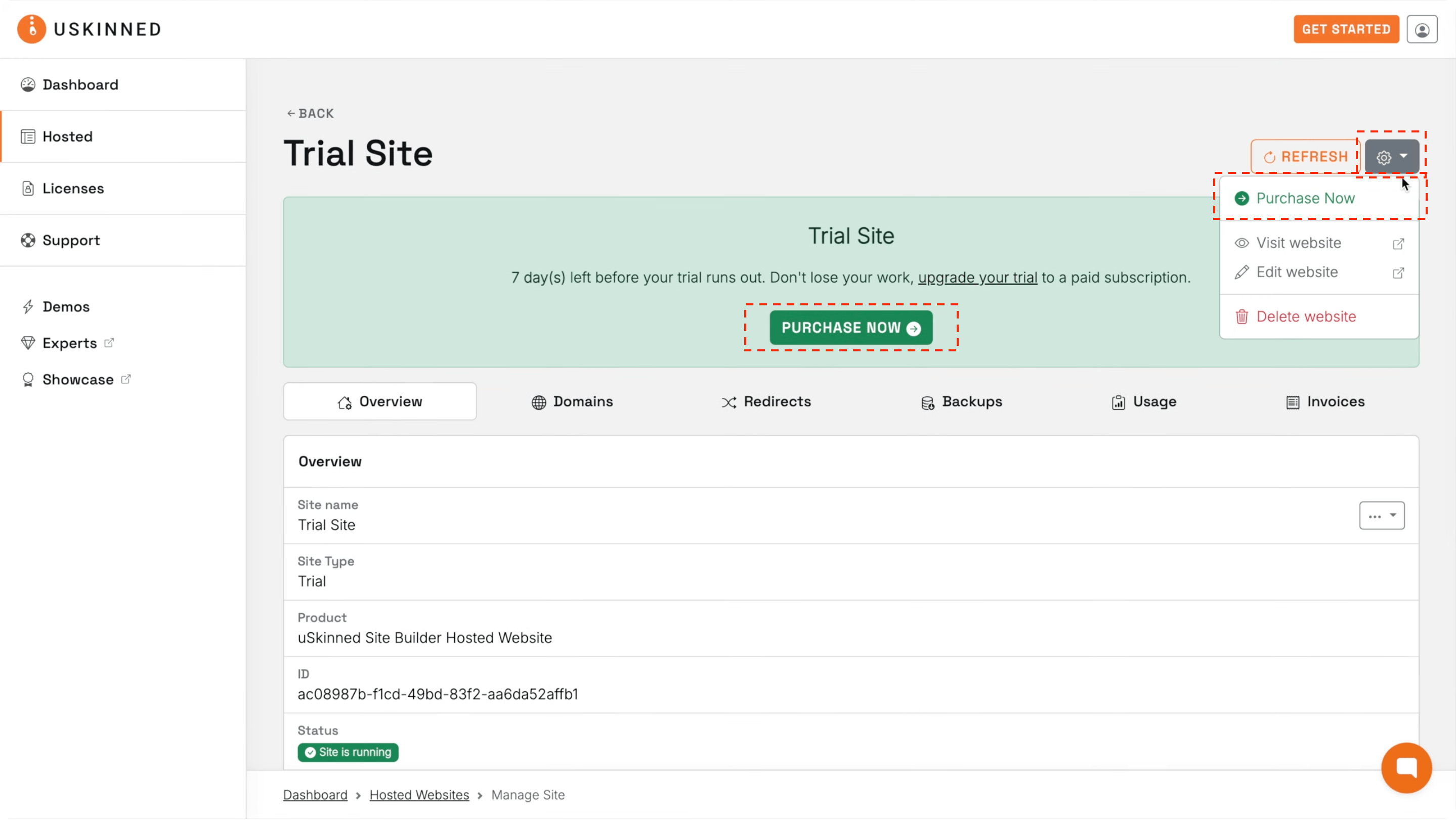 Purchase your site at any time through website management.
