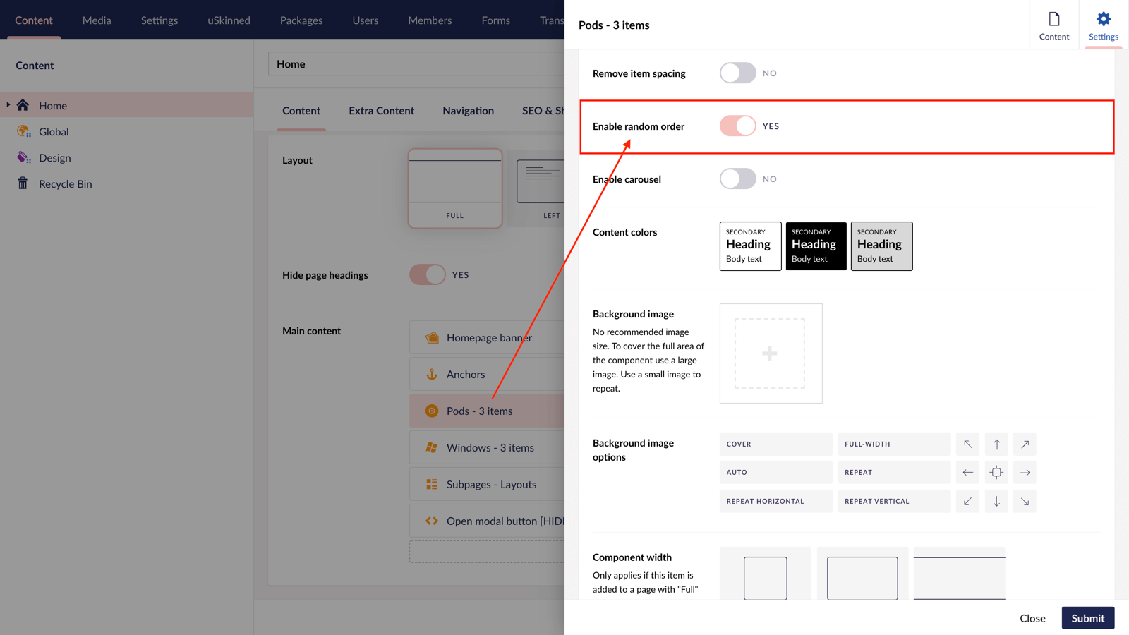 New random order options in uSkinned for Umbraco CMS.