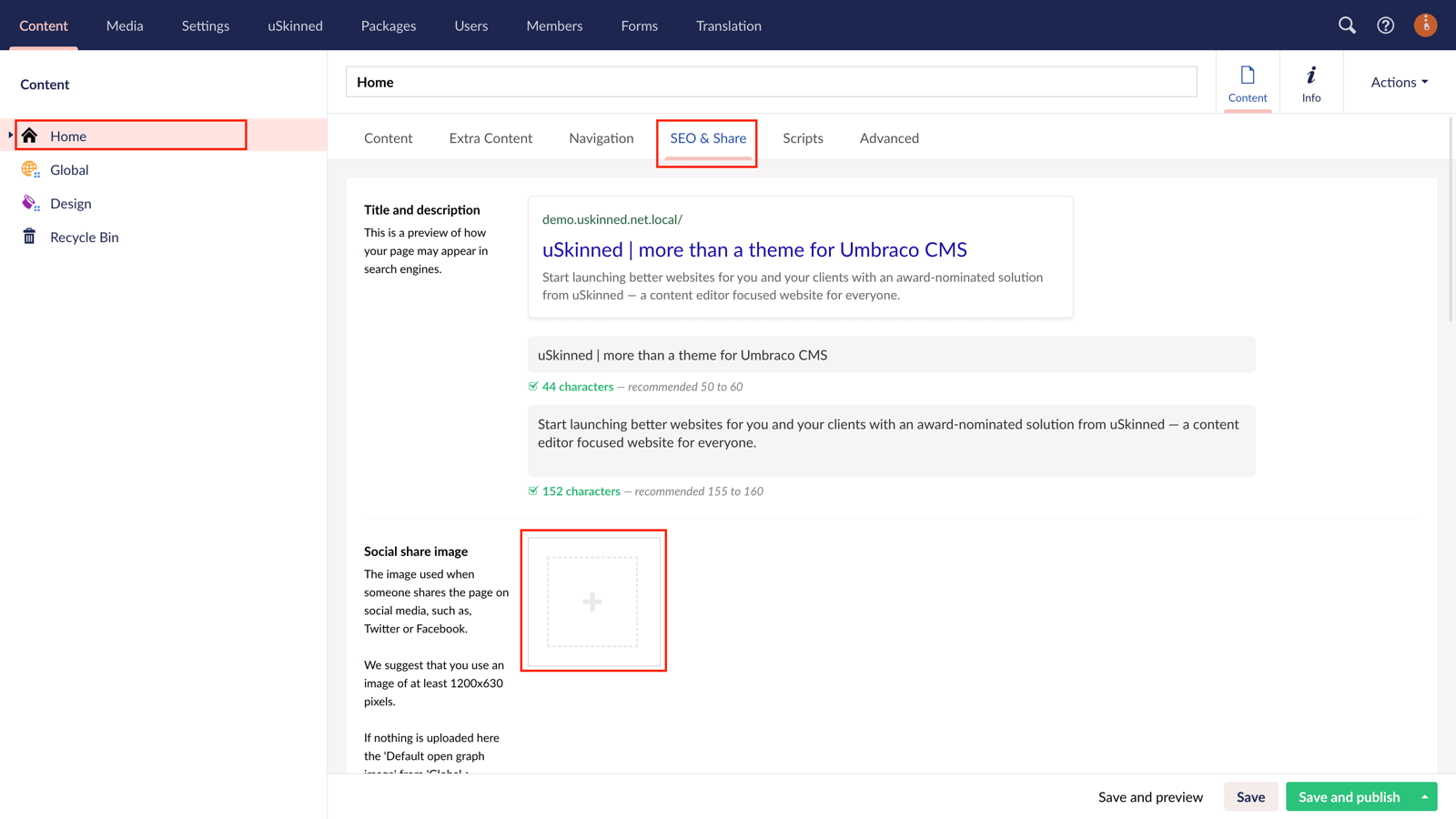 SEO & Share options in uSkinned for Umbraco.